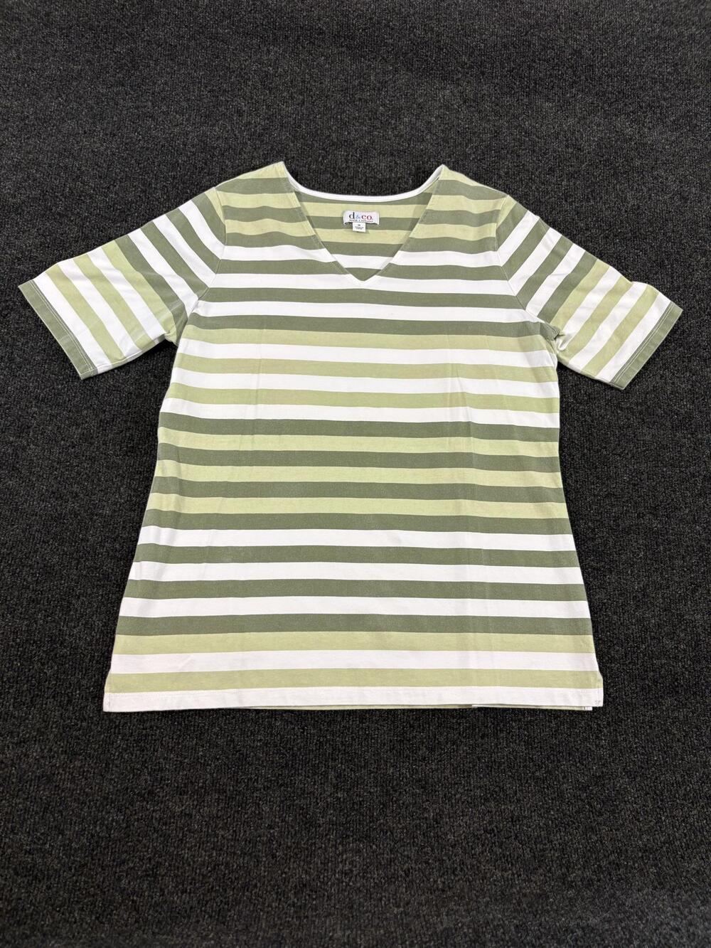 Denim & Co. Shirt Womens M Green Stripe V Neck Short Sleeve Stretch T Shirt